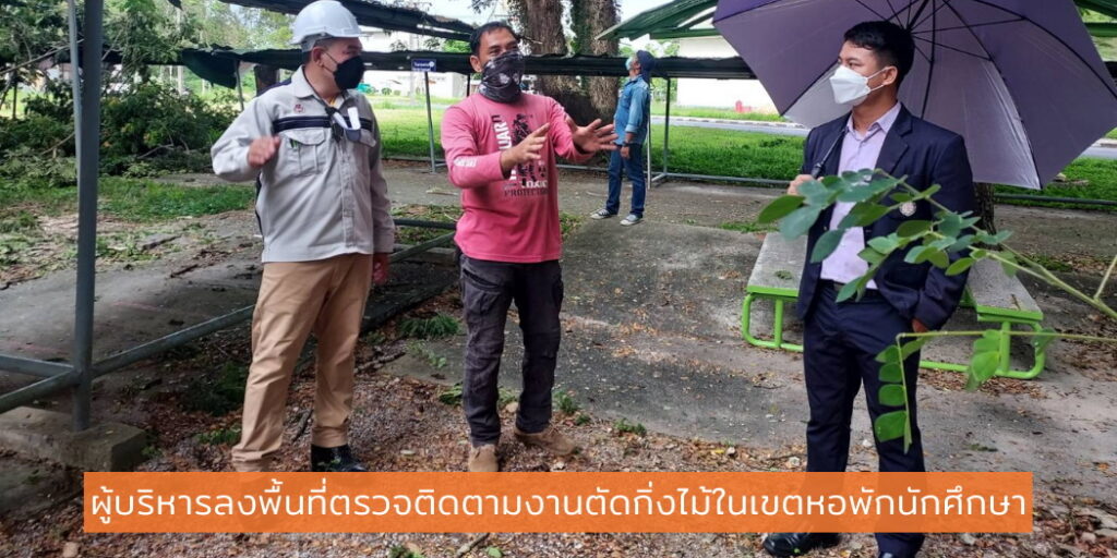 แบนเนอร์-ผู้บริหารลงพื้นที่ตรวจติดตามงานตัดกิ่งต้นจามจุรีในเขตหอพักนักศึกษา