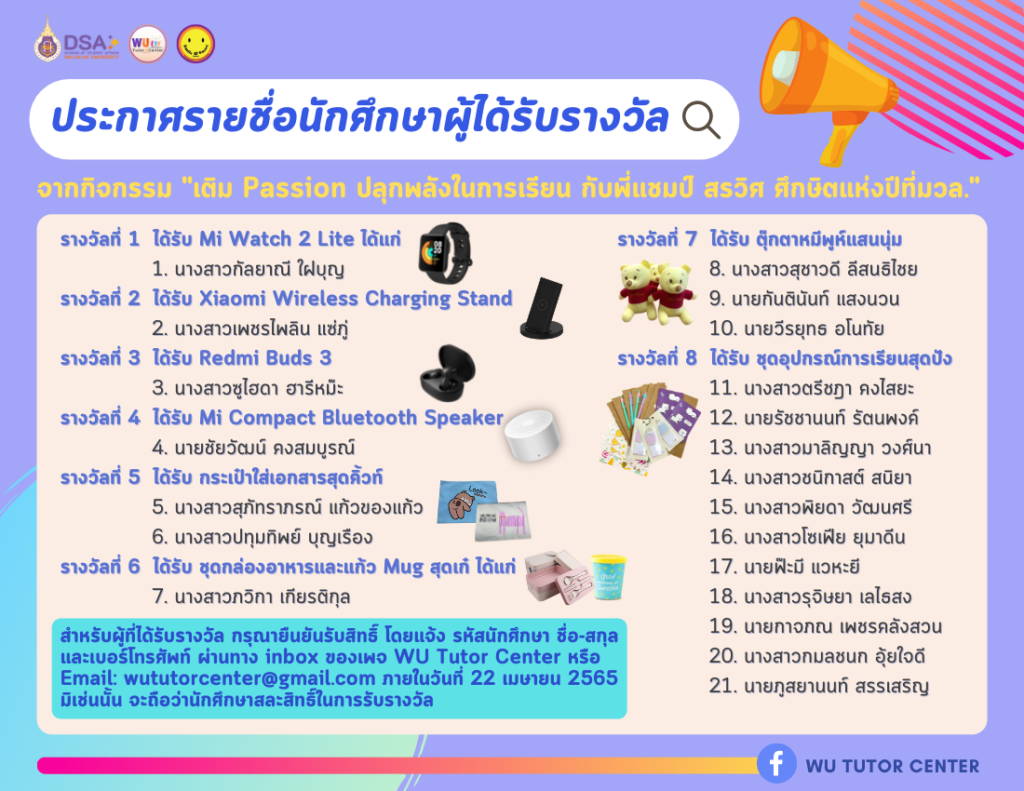 ประกาศรายชื่อนักศึกษาได้รับรางวัล กิจกรรมสร้างแรงบันดาลใจในการเรียน หัวข้อ "เติม Passion ปลุกพลังในการเรียน กับพี่แชมป์ สรวิศ ศึกษิตแห่งปีที่มวล."