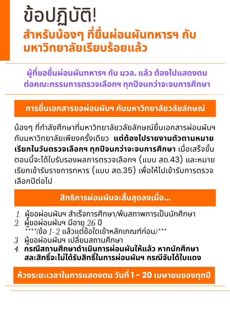 ข้อปฏิบัติในการแสดงตนของนักศึกษา ที่ยื่นผ่อนผันการเกณฑ์ทหารฯ ประจำปี 2566