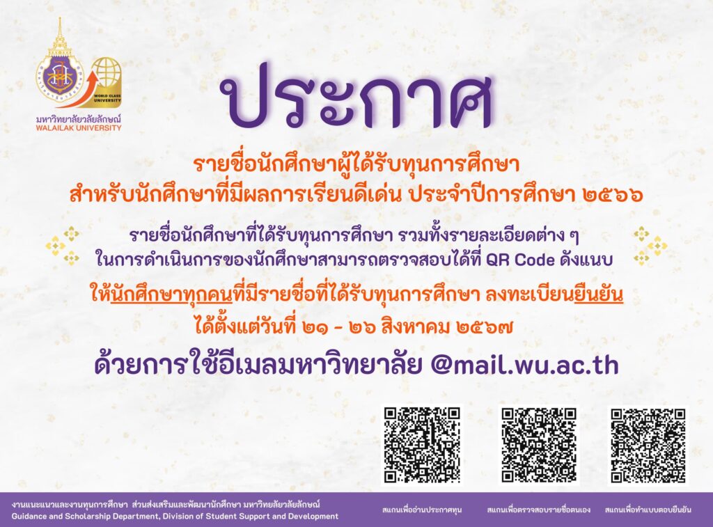 ประกาศรายชื่อนักศึกษาผู้ได้รับทุนการศึกษาสำหรับนักศึกษาที่มีผลการเรียนดีเด่น ประจำปีการศึกษา 2566